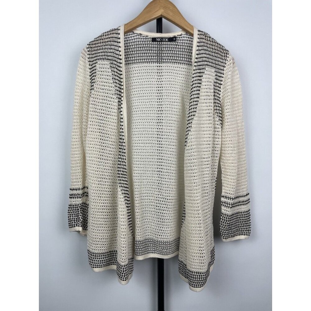 Nic + Zoe Cream Black Open Knit Linen‎ Blend Wrap Cardigan Sweater Size XS